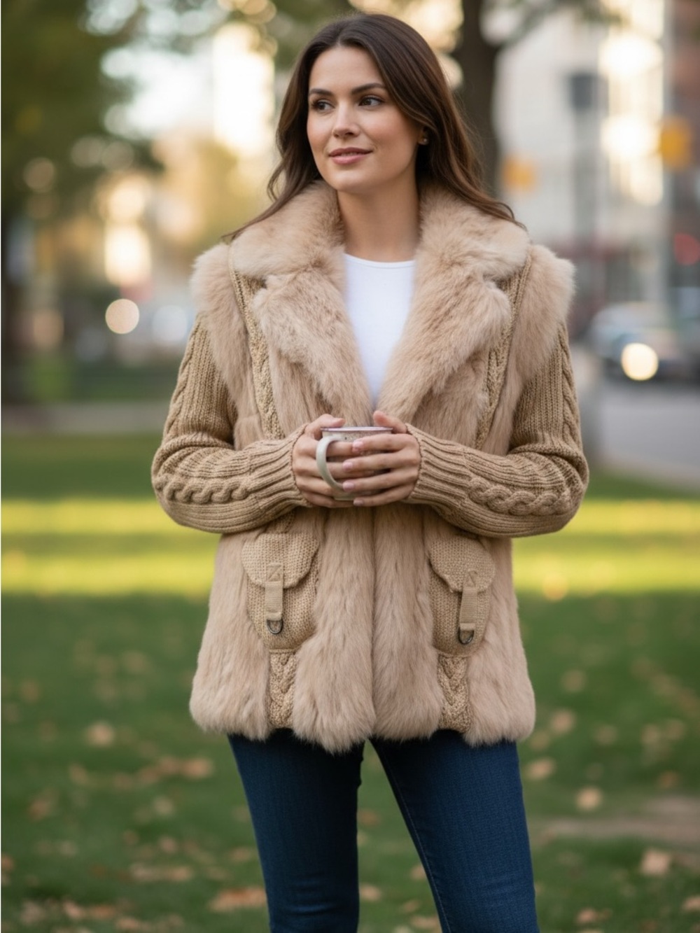 Cortefiel tan rabbit fur wool blend lined jacket L